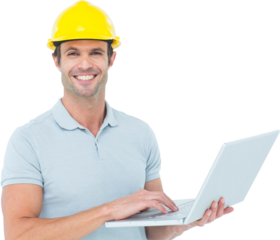 Carpenter using laptop  over white background