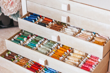 Beautiful box for threads with compartments. Beautiful colored threads in a box