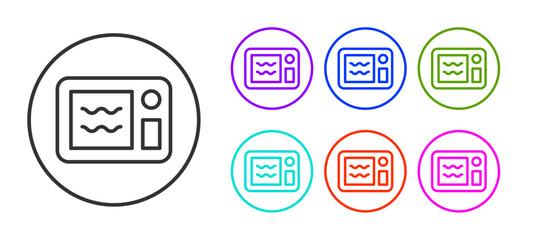 Black line Microwave oven icon isolated on white background. Home appliances icon. Can be heated in microwave. Set icons colorful. Vector