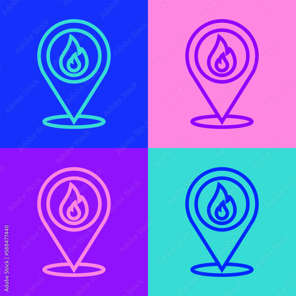 Aufkleber pop art line map pointer with fire flame icon isolated on color background. fire nearby. vector