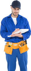 Portrait of repairman writing on document