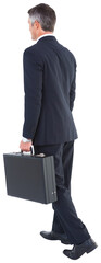 Businessman walking with briefcase on white background