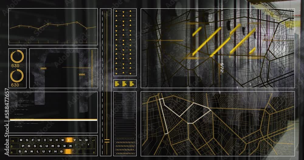 Poster animation of loading circles, changing numbers, navigation pattern, computer language on server room
