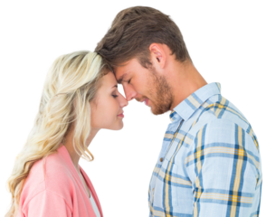 Attractive couple standing touching heads