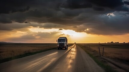 Truck driving on the asphalt road in rural landscape. Generative AI