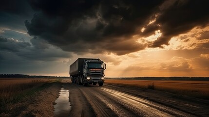Obraz na płótnie Canvas Truck driving on the asphalt road in rural landscape. Generative AI