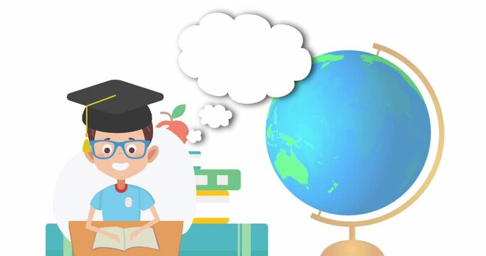 Animation of boy wearing mortarboard with books, apple and globe against white background