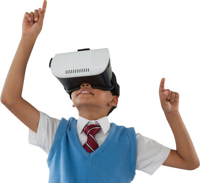 Schoolboy wearing virtual reality headset enjoying