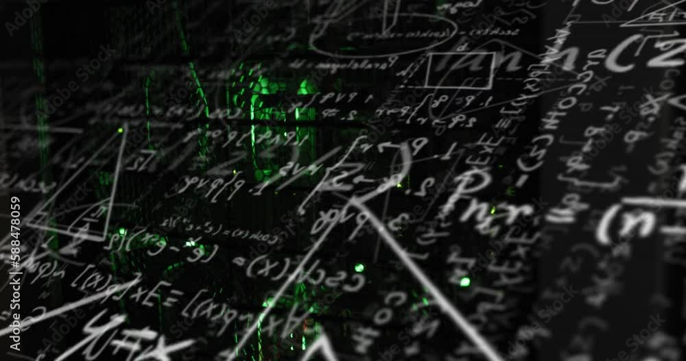 Poster animation of mathematical equation and diagrams against illuminated server rack in server room