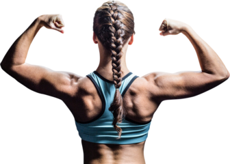 Rear view of woman with braided hair flexing muscles