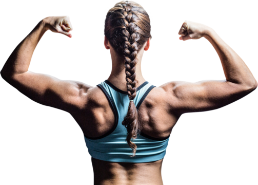 Rear view of woman with braided hair flexing muscles