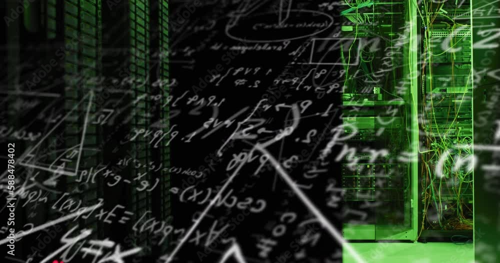 Poster animation of mathematical equation and diagrams against illuminated server rack in server room