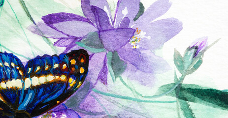 Blue butterfly and a flower closeup, watercolor on white background.