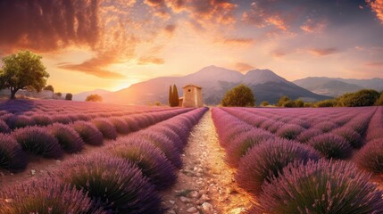 Fototapeta premium Stunning landscape with lavender field. Generative AI