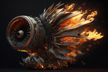Fire explosion of a plane engine. Burning flames engulfing a destroyed jet engine. Ai generated