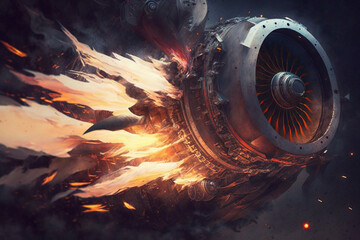 Fire explosion of a plane engine. Burning flames engulfing a destroyed jet engine. Ai generated