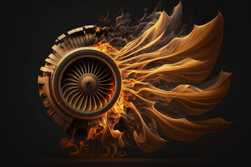 Fire explosion of a plane engine. Burning flames engulfing a destroyed jet engine. Ai generated