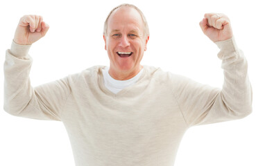 Happy mature man cheering at camera