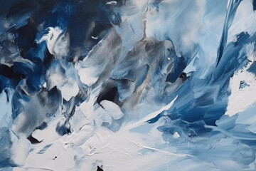Abstract acrylic painting background. Acrylic paint texture with long brush strokes. White and blue paint. Close up of acrylic painting. Created using generative AI.