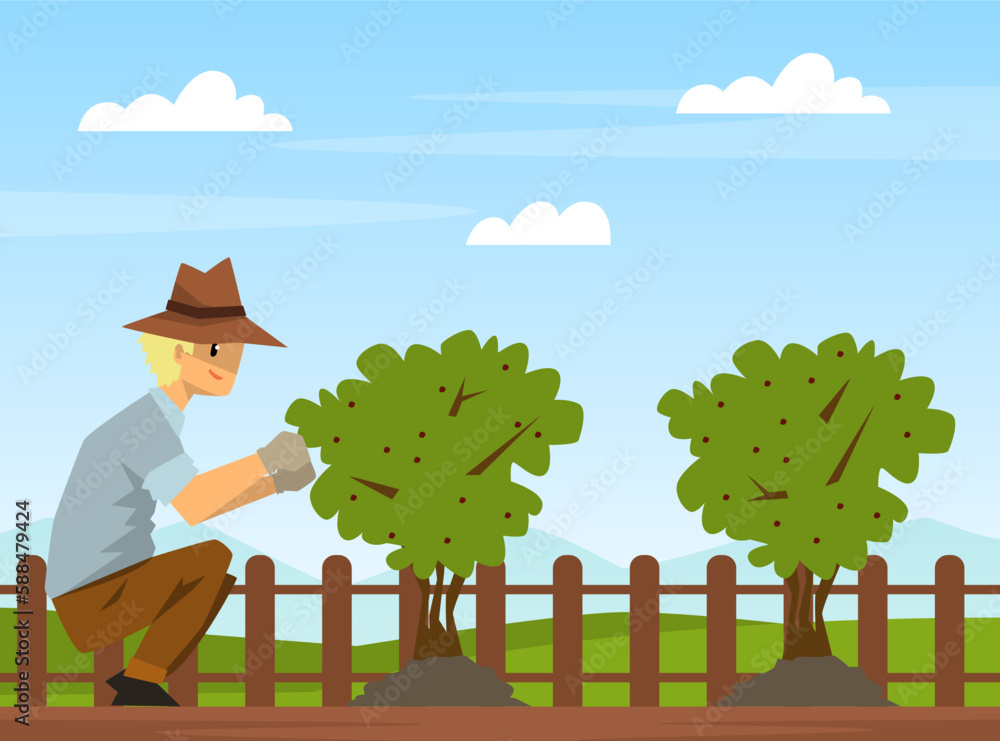 Sticker Man farmer caring of tree seedling in garden on farm cartoon vector