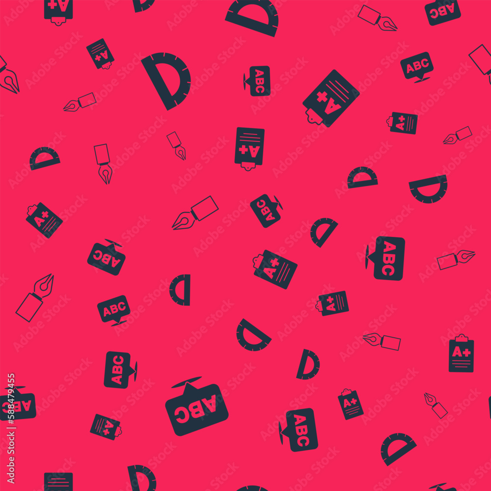 Poster set alphabet, protractor grid, fountain pen nib and exam sheet with plus grade on seamless pattern. 