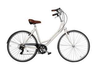 White retro bicycle, side view. Brown leather saddle and handles. Vintage look city bike. Png isolated on transparent background