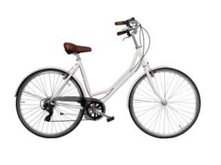 White retro bicycle, side view. Brown leather saddle and handles. Vintage look city bike. Png isolated on transparent background