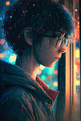 A pensive young man under a rainy night, Anime Style Character, Generative AI
