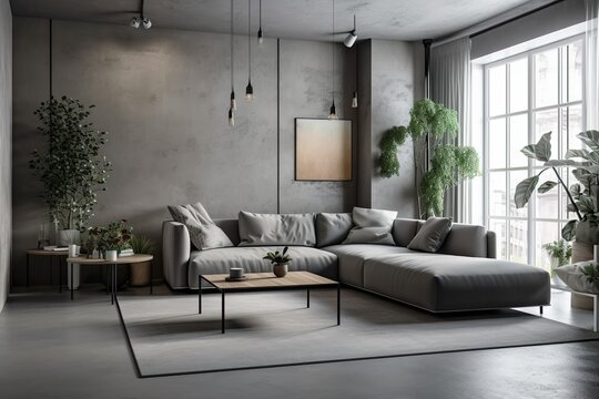 Modern living room with concrete stucco walls and some plants on the side made with Generative AI