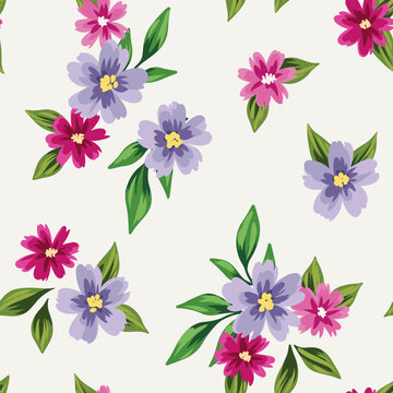 Seamless floral pattern, cute rustic ditsy print. Delicate botanical design with small hand drawn flora: lilac flowers, green leaves in bouquets on a white background. Vector illustration.