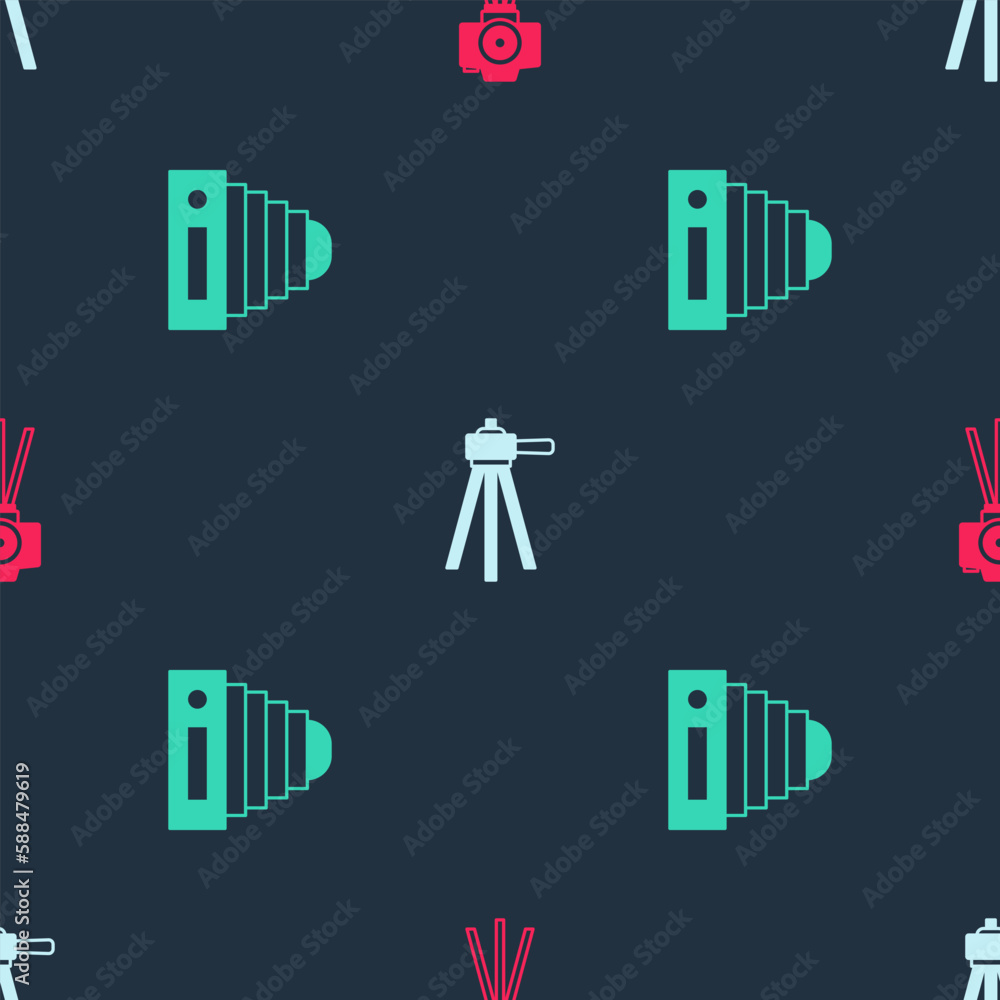 Poster set photo camera, tripod and on seamless pattern. vector