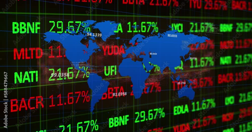 Poster animation of map with numbers over trading board and computer language against black background