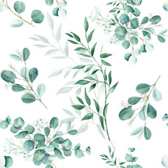 Plakat Seamless watercolor pattern with eucalyptus, gypsophila and pistachio branches on white background. Can be used for wedding prints, gift wrapping paper, kitchen textile and fabric prints.