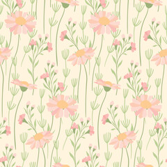 Seamless floral pattern, gentle spring print with wild flora. Romantic botanical design of hand drawn plants: large pink flowers, leaves, herbs on light background. Vector illustration, pastel colors.