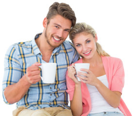 Attractive young couple sitting holding mugs