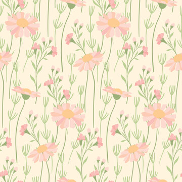 Seamless floral pattern, gentle spring print with wild flora. Romantic botanical design of hand drawn plants: large pink flowers, leaves, herbs on light background. Vector illustration, pastel colors. © Yulya i Kot