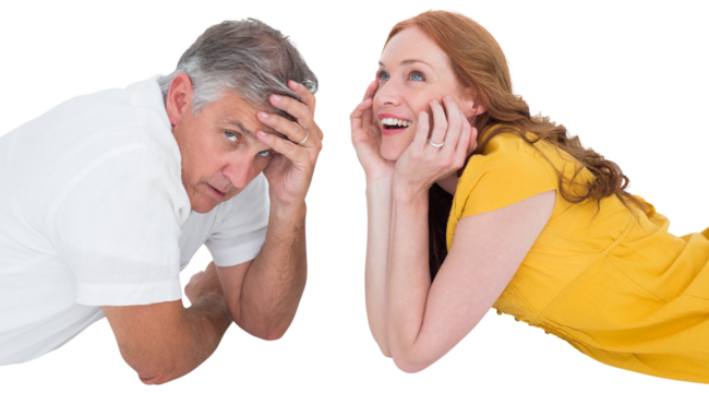 Casual couple lying on floor