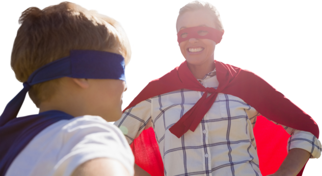 Mother and son pretending to be superhero