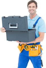 Confident carpenter opening tool box