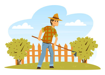 Man farmer working with hoe in garden or farm cartoon vector