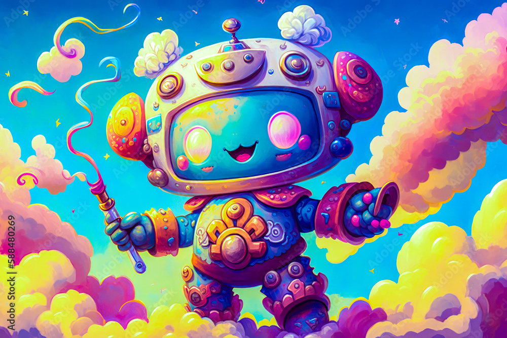 Poster painting of robot holding umbrella in the air with clouds in the background. generative ai.