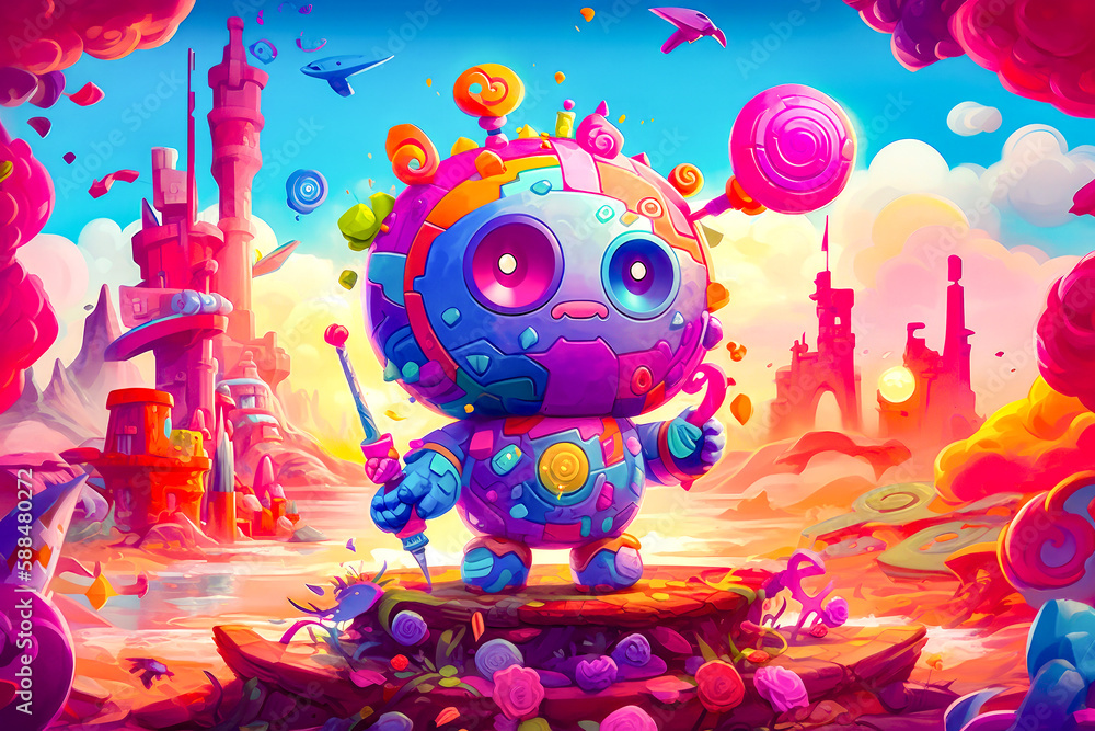 Poster cartoon character standing on top of rock in front of castle. generative ai.