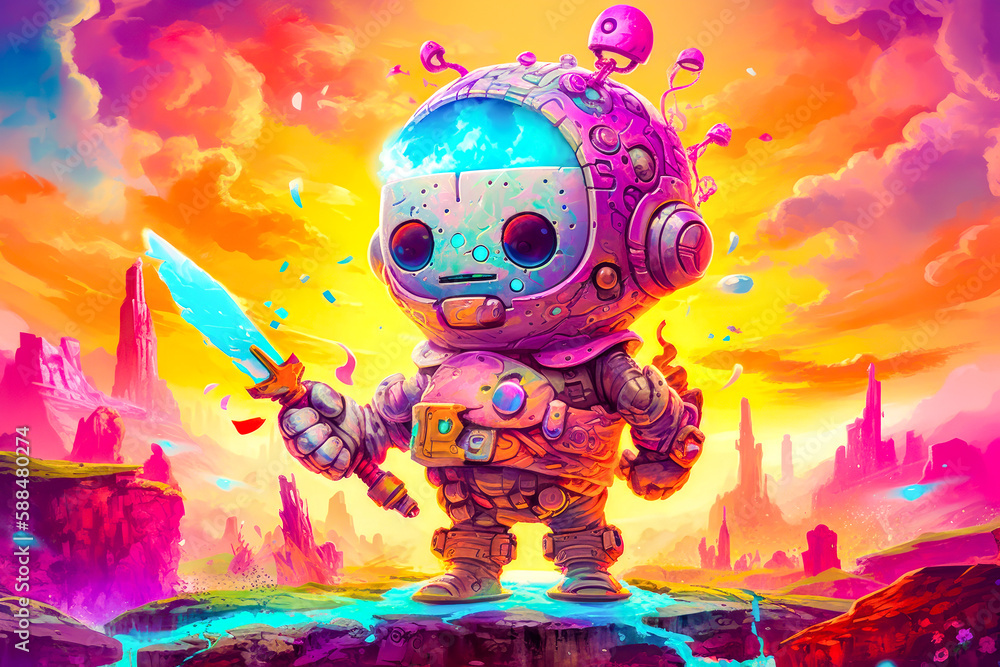 Poster cartoon character holding sword in front of colorful sky with clouds. generative ai.
