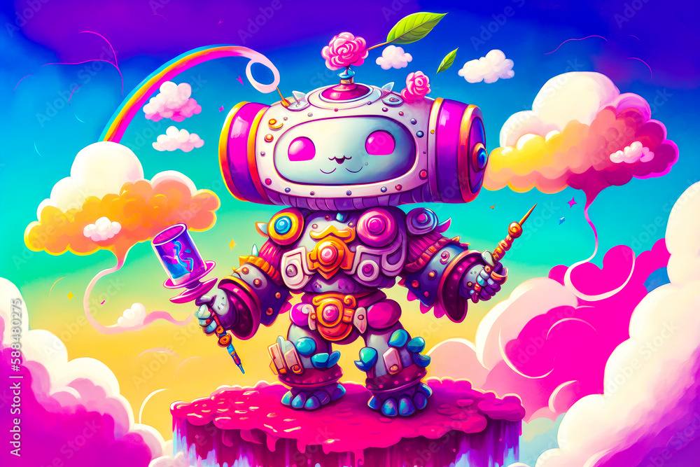 Aufkleber cartoon robot standing on top of cliff with rainbow in the background. generative ai.