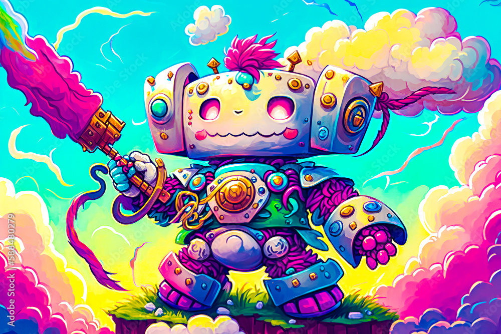 Poster painting of robot with gun in it's hand and clouds in the background. generative ai.