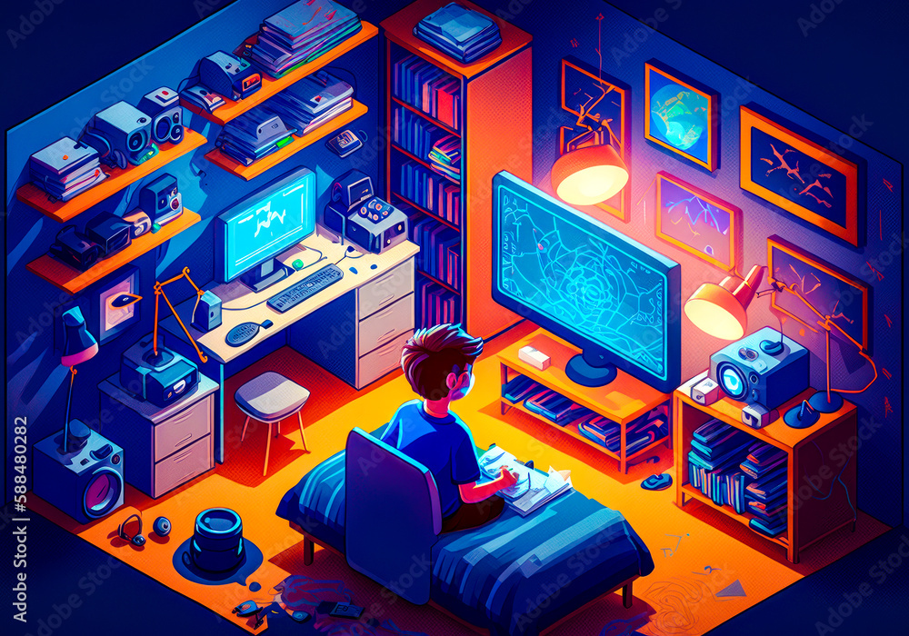Aufkleber person sitting in front of computer in room filled with electronics. generative ai.