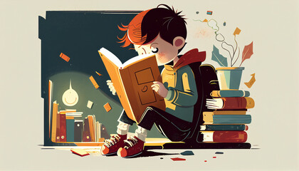 a boy reading in his books world - obrazy, fototapety, plakaty