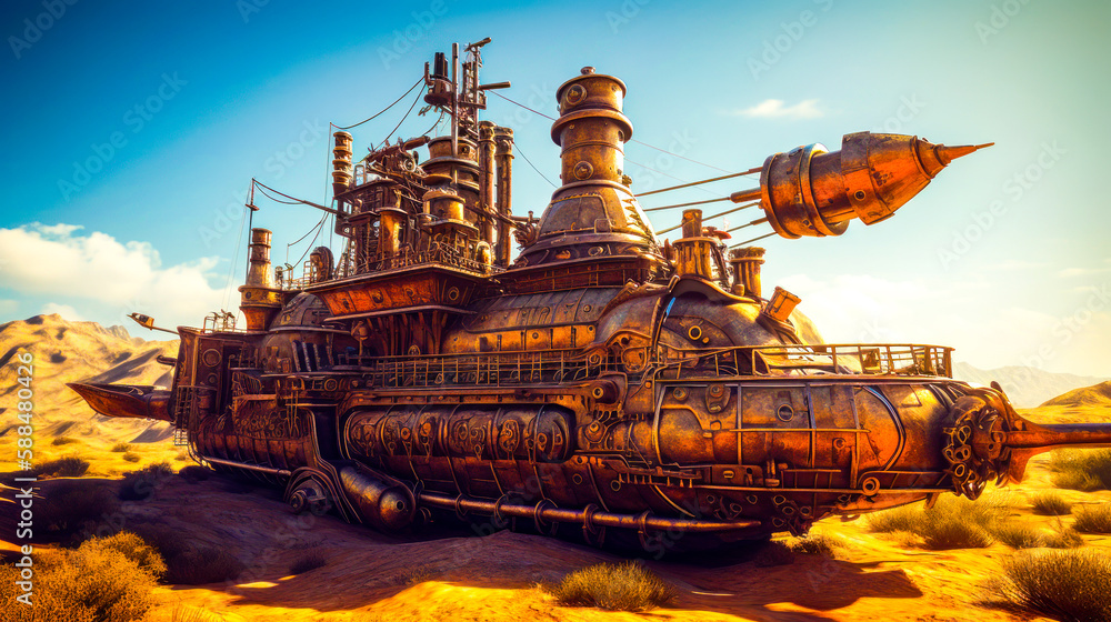 Aufkleber steampunky ship in the middle of desert with large pipe sticking out of it's side. generative ai.