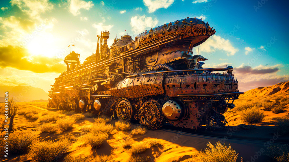 Poster futuristic car in the middle of desert with lot of machinery on top of it. generative ai.
