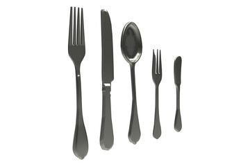 Silver sets of cutlery against white screen